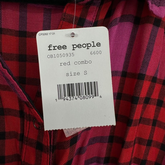 NWT Free People Red Pink Plaid Button Down Shirt Top Ruched Sleeve Raw Hem Wool - Picture 4 of 12